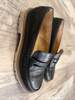 Clarks Black Croc-Embossed Leather Penny Loafers with Tan Outsole